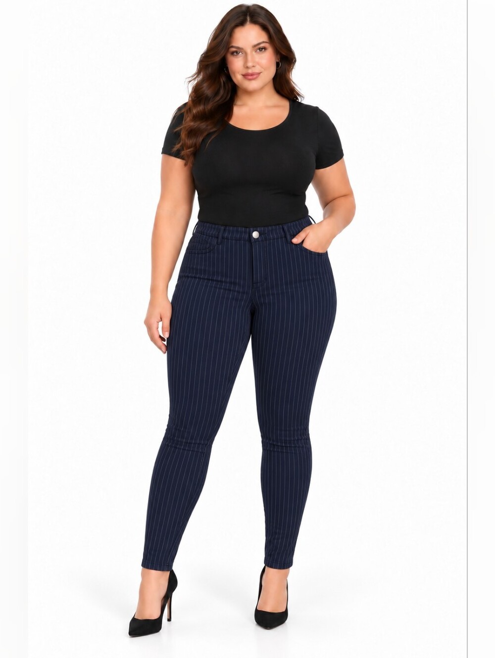 Navy Pinstripe Skinny Ponte Pants